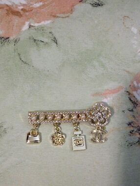 Gold Pearl Charm Brooch